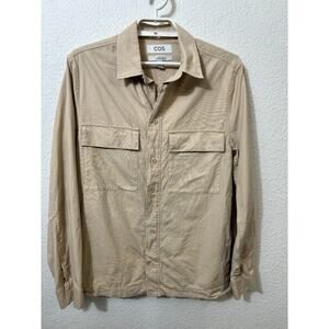 COS Shacket Shirt Mens Small Beige Button Up‎ Long Sleeve Cotton Pockets